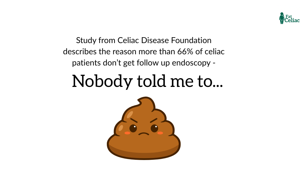 Celiac Disease Foundation study warning that more than 66% of celiac patients don’t get follow-up endoscopy; caption reads 'Nobody told me to…' with a poop emoji; Fat Celiac logo in the corner.