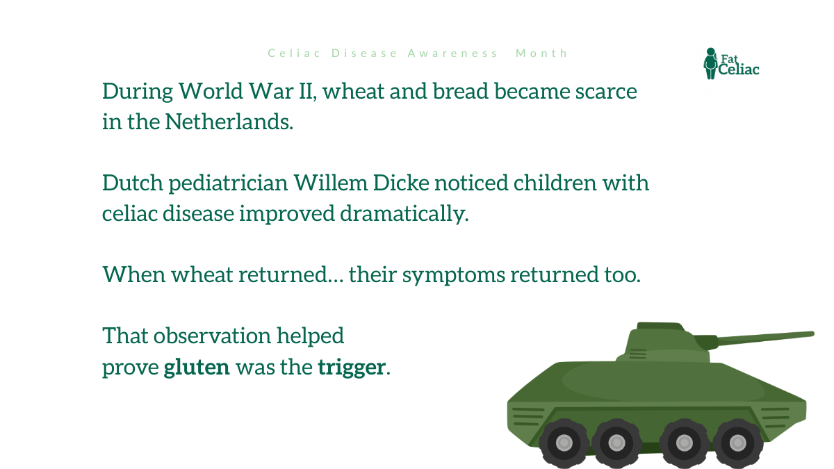 Informational graphic for Celiac Disease Awareness Month with green text about gluten and WWII wheat shortages; a green tank appears bottom right.