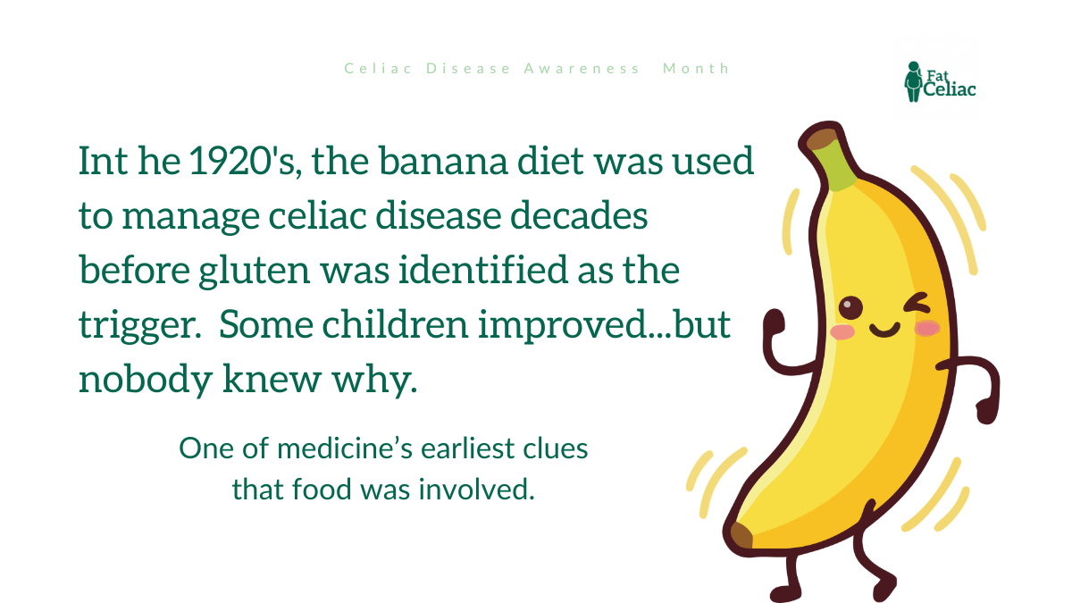 Banana illustration with dancing pose and green text about gluten and celiac disease awareness month.