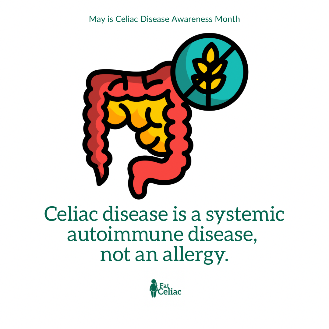 Graphic promoting May is Celiac Disease Awareness Month with a digestive tract and a crossed-out wheat symbol, conveying awareness message.