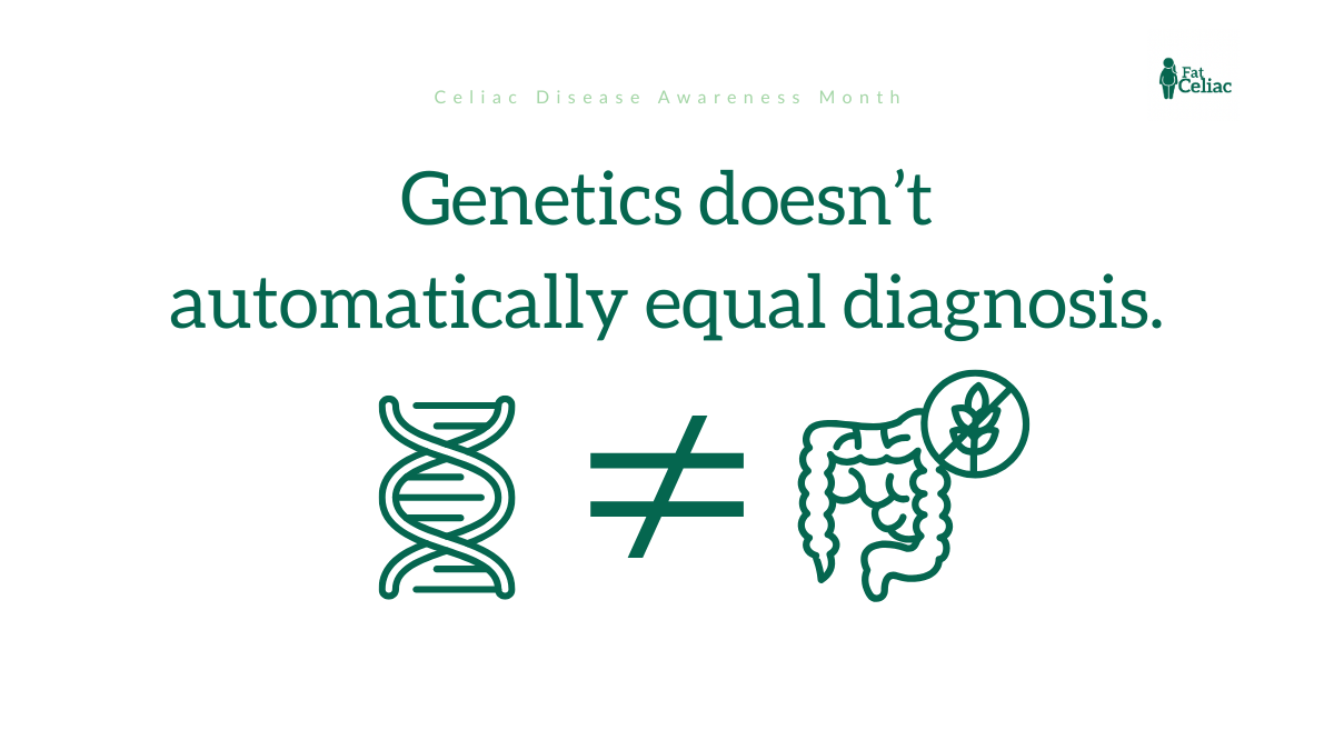 Celiac Disease Awareness Month banner stating 'Genetics doesn't automatically equal diagnosis' with a DNA helix, a not-equal symbol, and a stylized intestine with a leaf badge