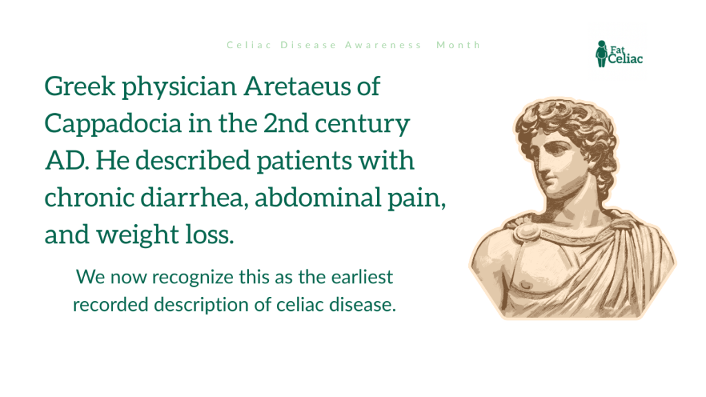 Celiac Disease Awareness Month banner describing Aretaeus of Cappadociaf early description of celiac symptoms, with a classical bust on the right.
