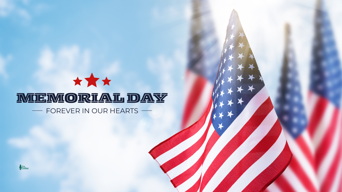 American flags waving in the wind with the text 'Memorial Day — Forever in Our Hearts'.