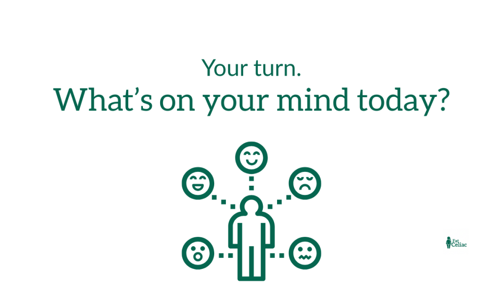 'Your turn. What’s on your mind today?' with a central person icon connected to five emotion faces around it, inviting sharing thoughts as a mood survey image.