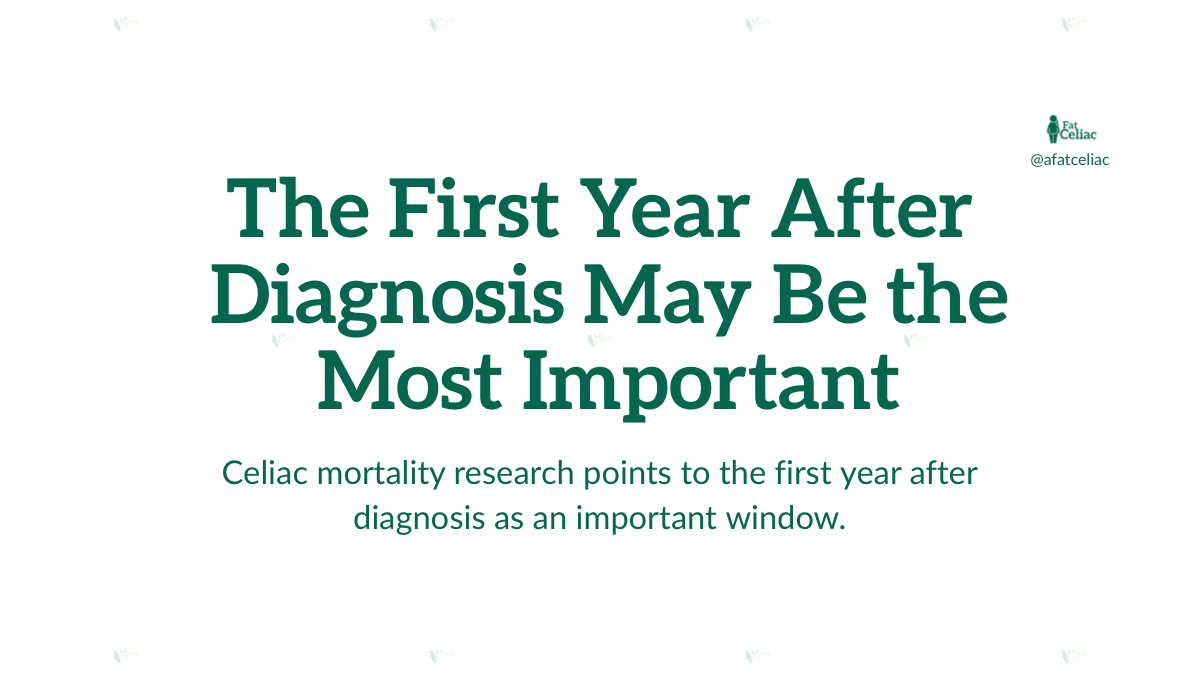 Hero banner: The First Year After Diagnosis May Be the Most Important, with subtitle about the first-year window in celiac mortality research; Fat Celiac logo at top-right.