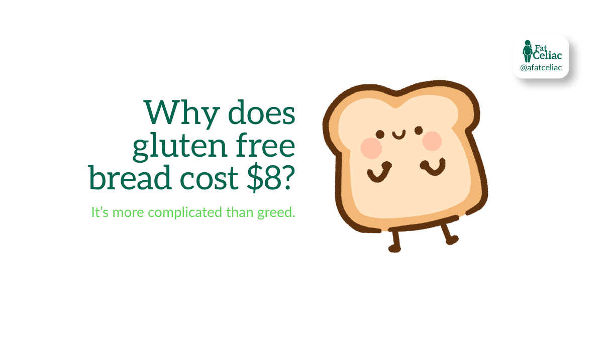 Infographic-style image asking why gluten-free bread costs $8, with a cute dancing bread character and the Fat Celiac logo on white background.