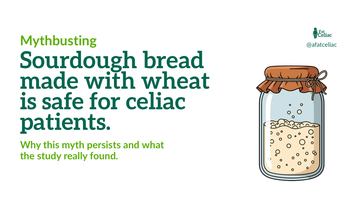 Infographic claiming wheat sourdough is safe for celiac patients, with a jar of sourdough on the right and a subtitle about the study findings.