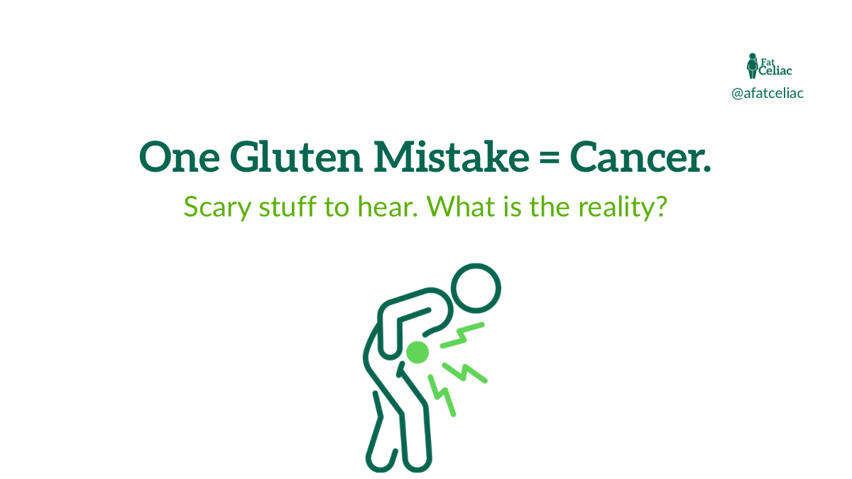 Campaign banner reading 'One Gluten Mistake = Cancer.' with subtitle 'Scary stuff to hear. What is the reality?' and a green outline illustration of a person bending over in pain, clutching their stomach. Fat Celiac branding in the top right.