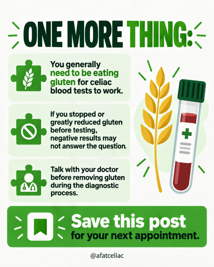 Infographic about gluten testing: three green blocks explain gluten checks and doctor advice, with a test tube and plant illustration on the right, and a green Save this post banner at the bottom.