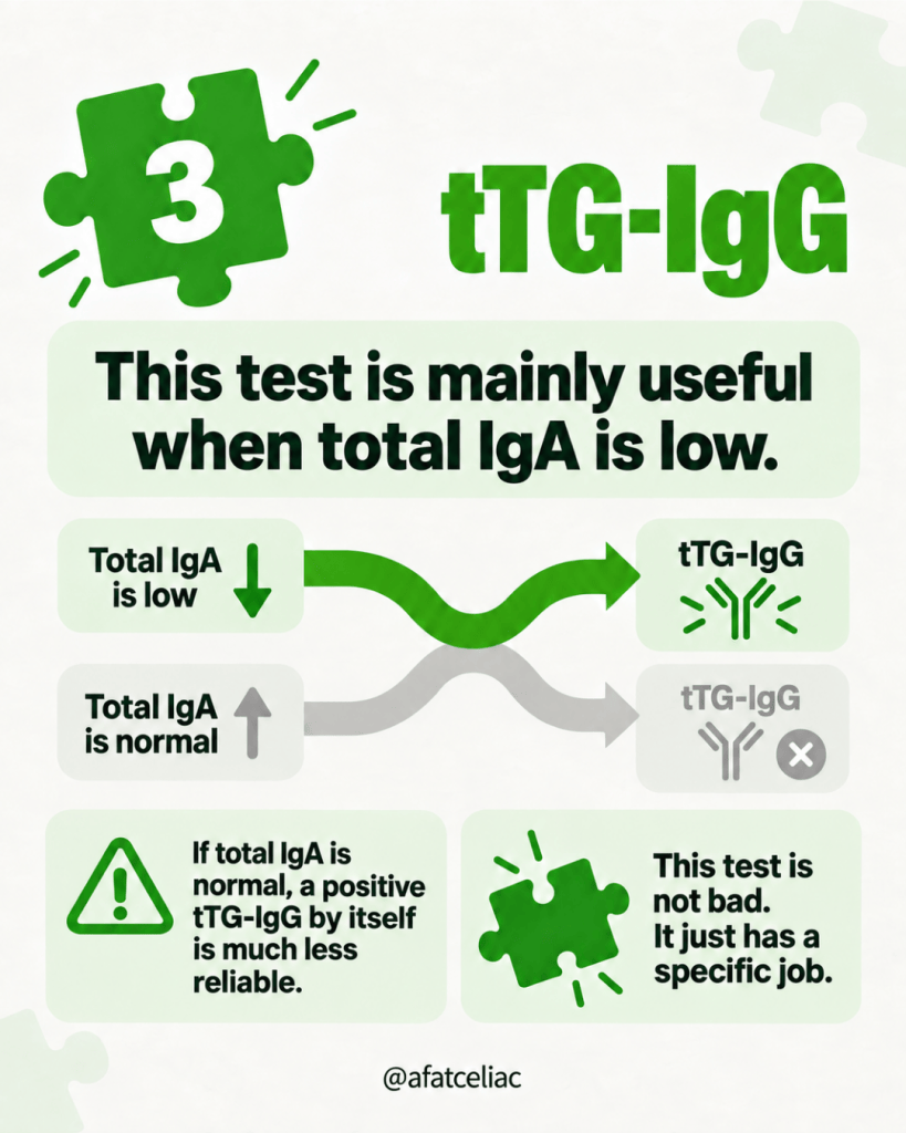 Infographic about tTG-IgG testing: shows a green puzzle piece with '3', large 'tTG-IgG' text, and a flowchart explaining results when total IgA is low or normal, ending with test interpretations and guidance.