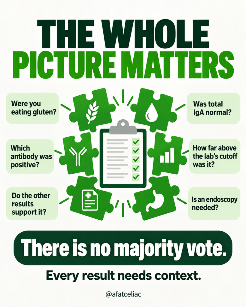 Poster: The Whole Picture Matters with green puzzle pieces around a clipboard and eight health question bubbles (gluten, IgA, antibodies, lab cutoff). The message: 'There is no majority vote. Every result needs context.'