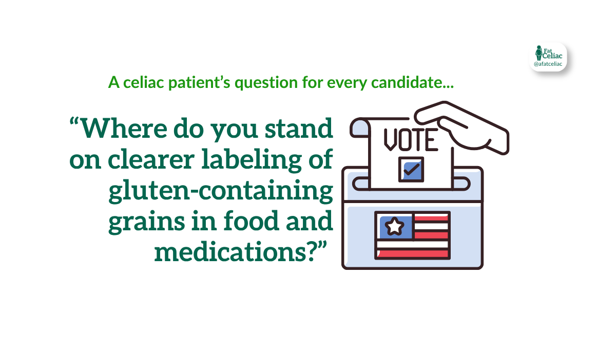 Ballot being placed in a ballot box beside the question, “Where do you stand on clearer labeling of gluten-containing grains in food and medications?”