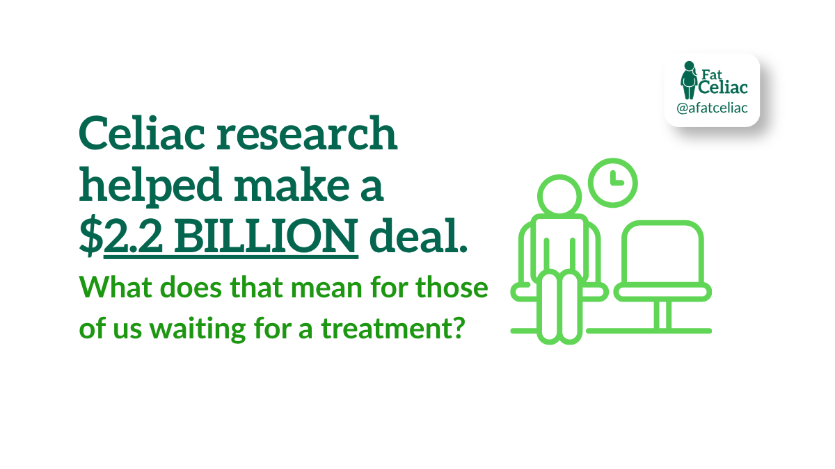 Fat Celiac graphic about celiac research helping justify a $2.2 billion deal, with a person waiting beside a clock.