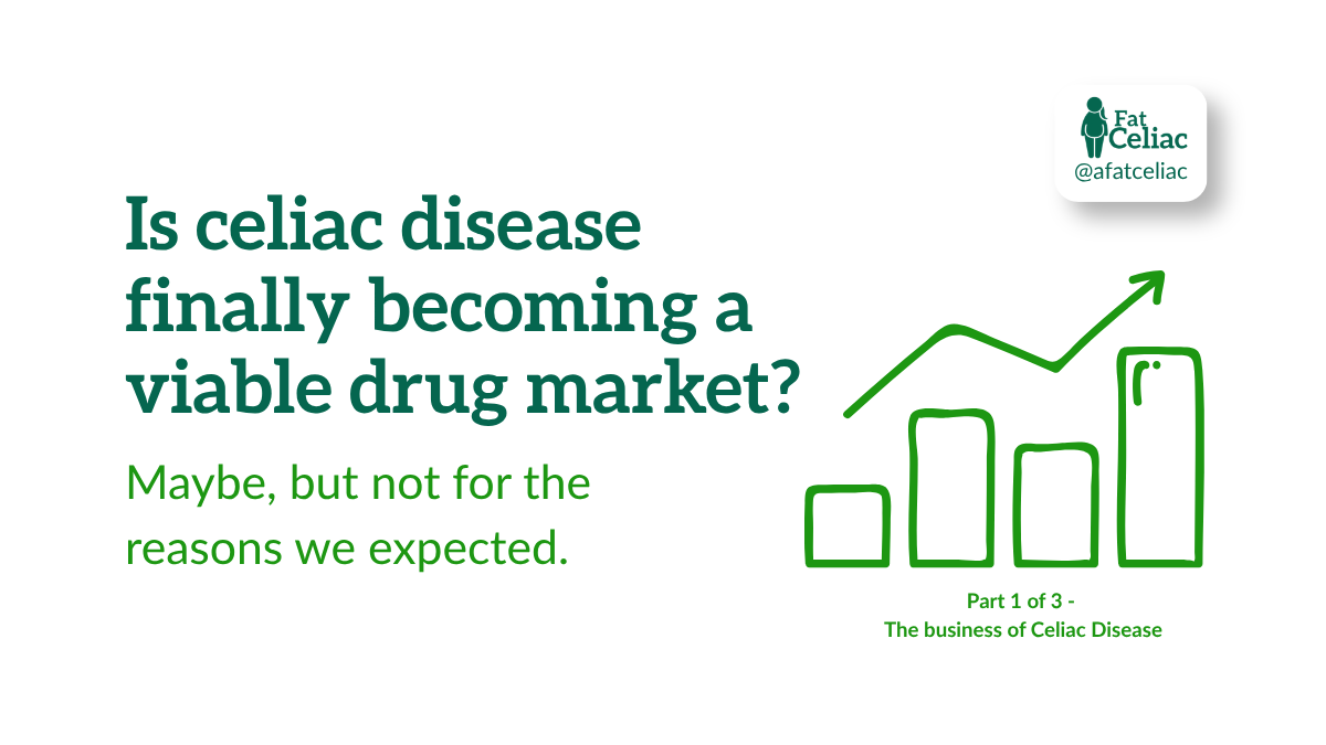 Fat Celiac graphic asking whether celiac disease is finally becoming a viable drug market, with a green rising bar chart.